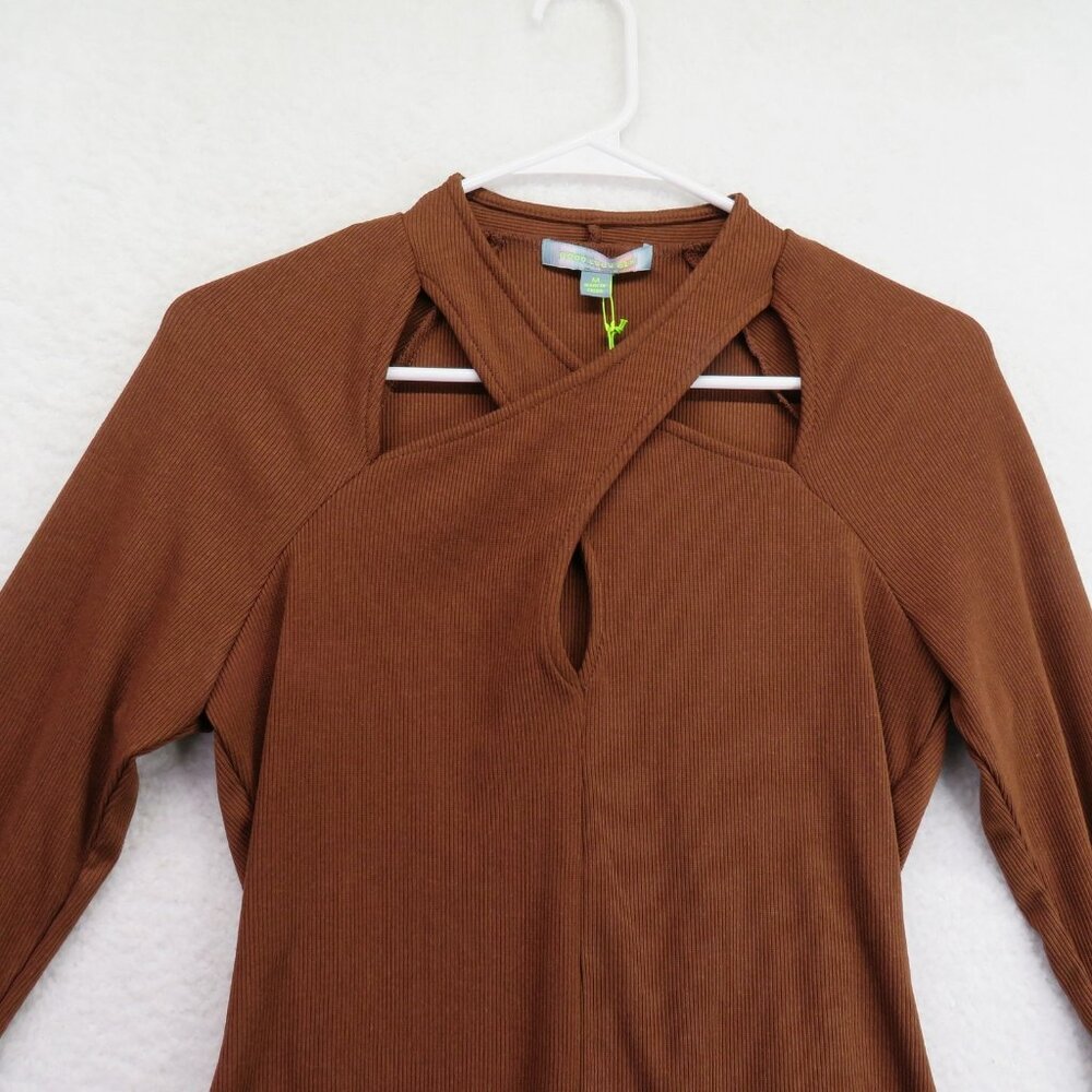 Good Luck Gem Bodysuit Womens Medium Long Sleeve Criss Cross Ribbed Stretch - Picture 2 of 10